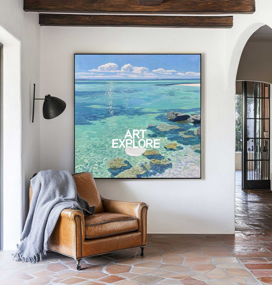 Oversized Shimmering Ocean Art Hand-Drawn Large Luxury Seascape Decor
