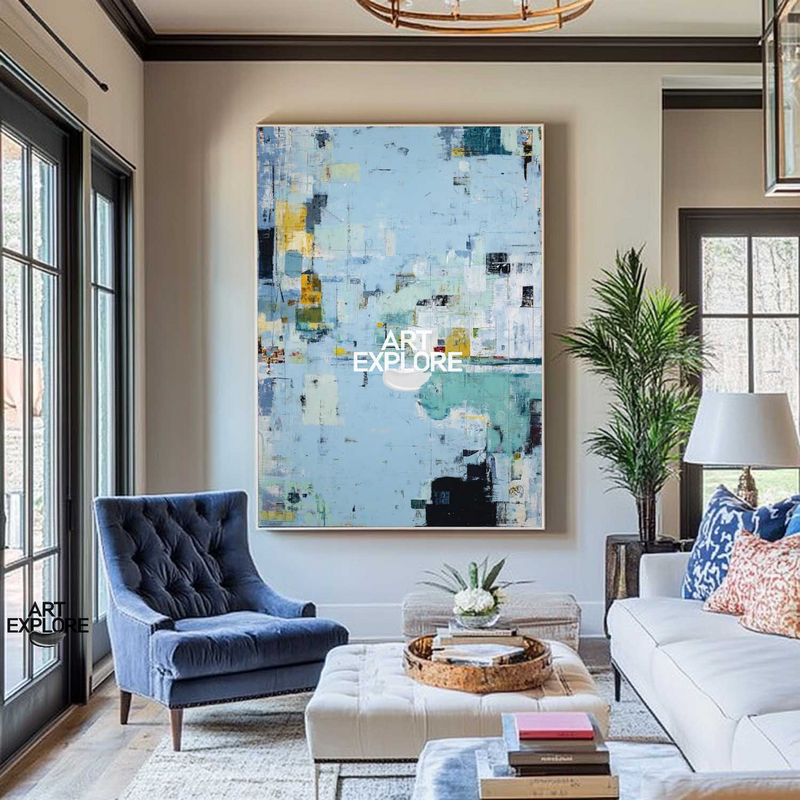 Oversized Textured Abstract Wall Art in Blue, Handmade Vertical Oil Painting – ArtExplore