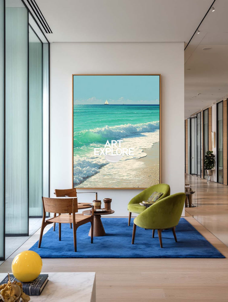 Oversized Turquoise Wave Art Hand-Drawn Large Luxury Shoreline Decor