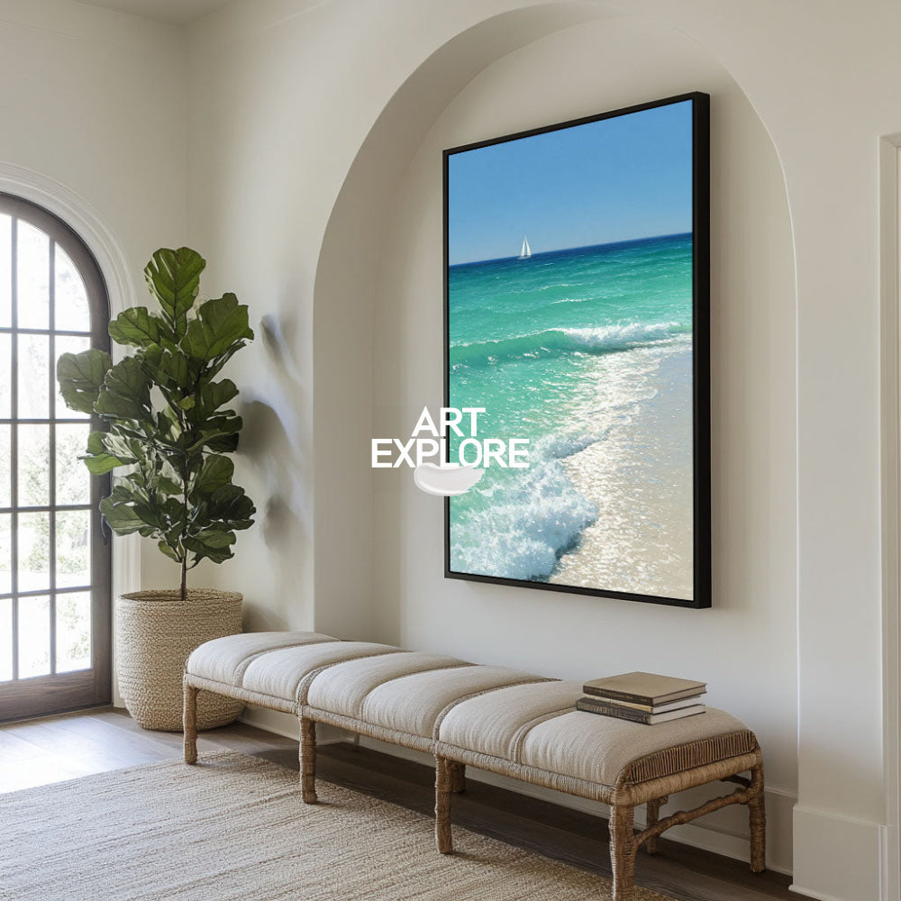Oversized Turquoise Wave Painting Hand-Drawn Large Coastal Statement