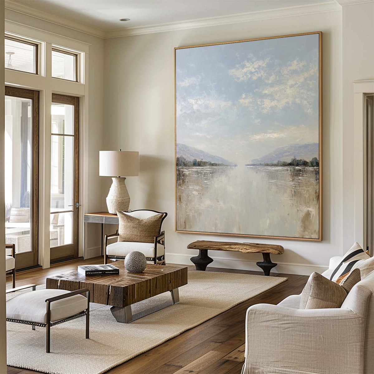 Oversized White Beige Texture Painting Modern Beige Lake View Wall Art Minimalist Fine Art For Sale