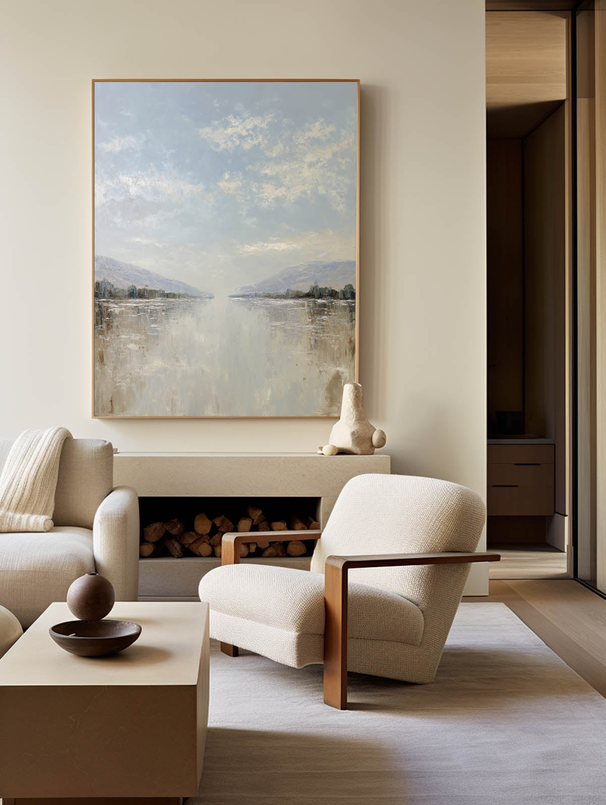 Oversized White Beige Texture Painting Modern Beige Lake View Wall Art Minimalist Fine Art For Sale