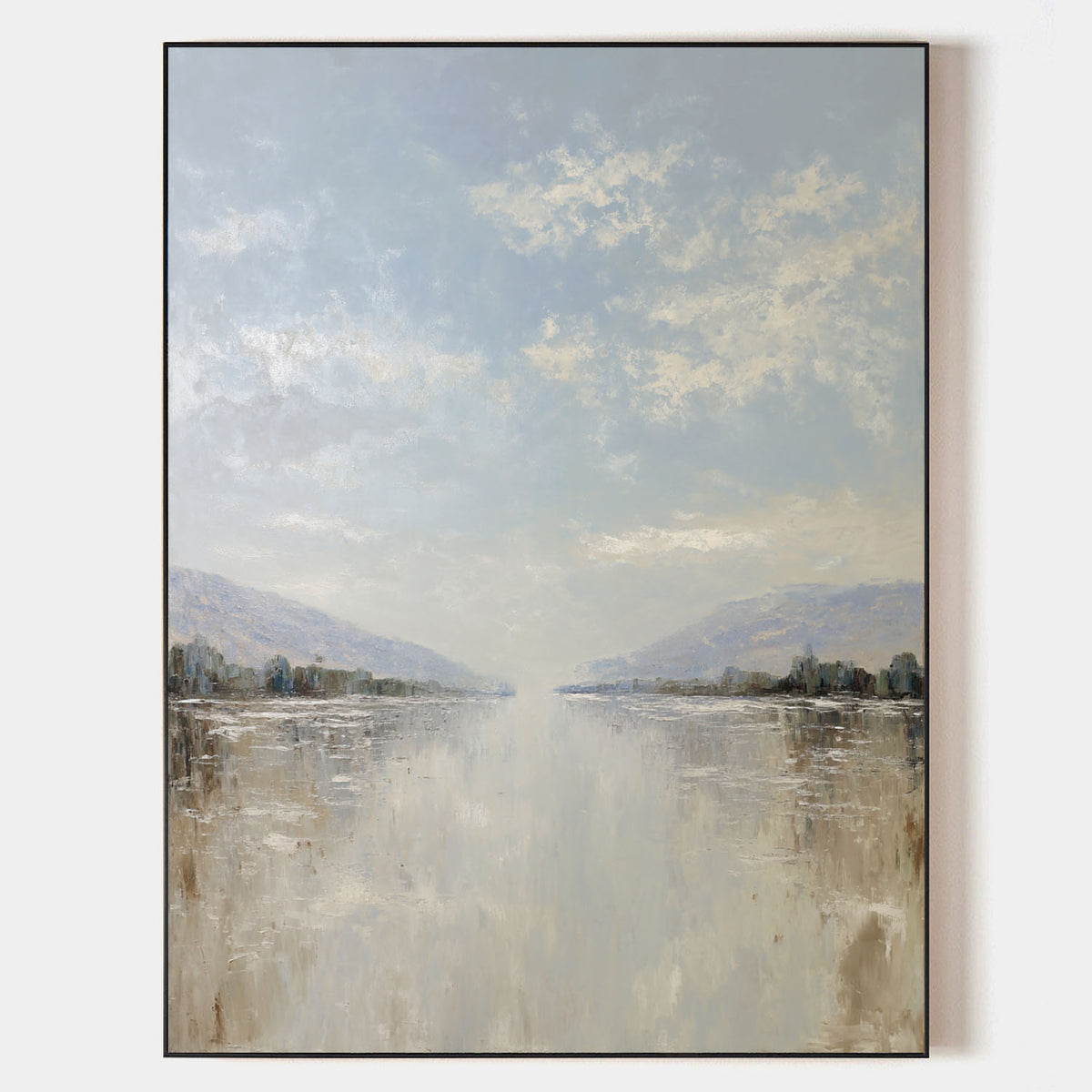 Oversized White Beige Texture Painting Modern Beige Lake View Wall Art Minimalist Fine Art For Sale