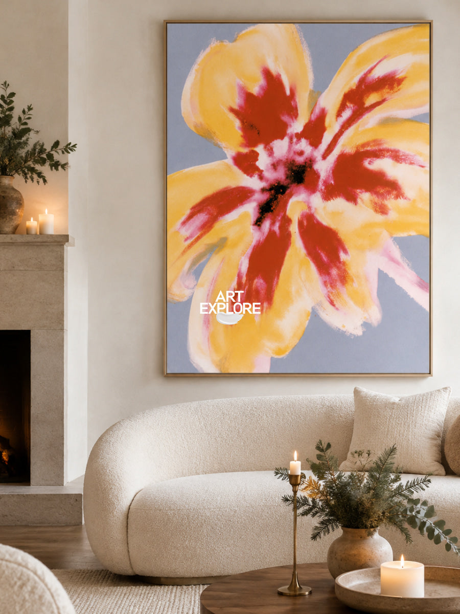 Hand-Painted Abstract Flower Art In Red And Golden Yellow Tones On Canvas