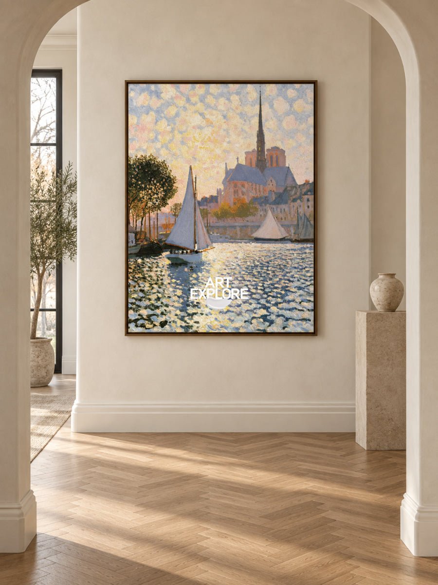 Sunlit Harbor With Sailboats And Church Canvas Painting