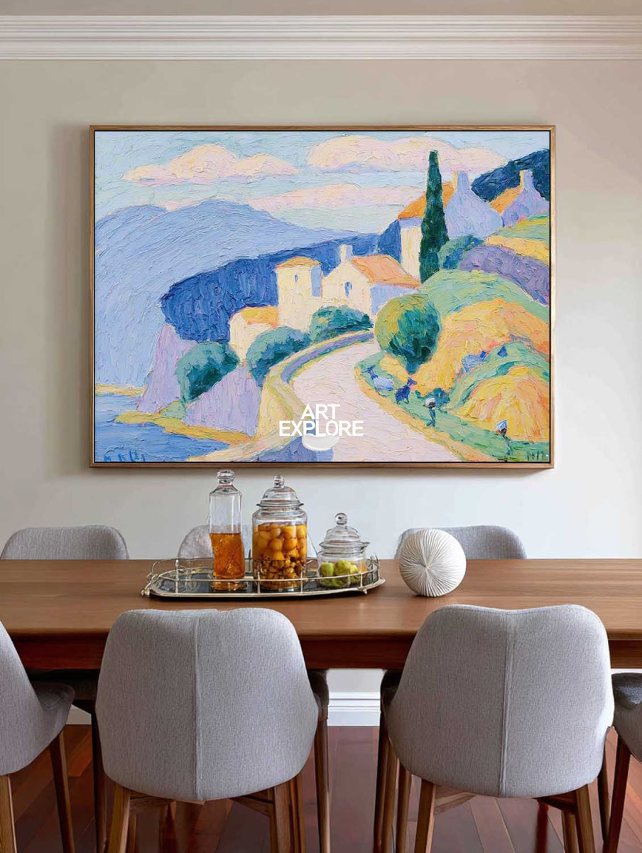 Hand-Painted Seaside Village Landscape Canvas Art With Blue Sky
