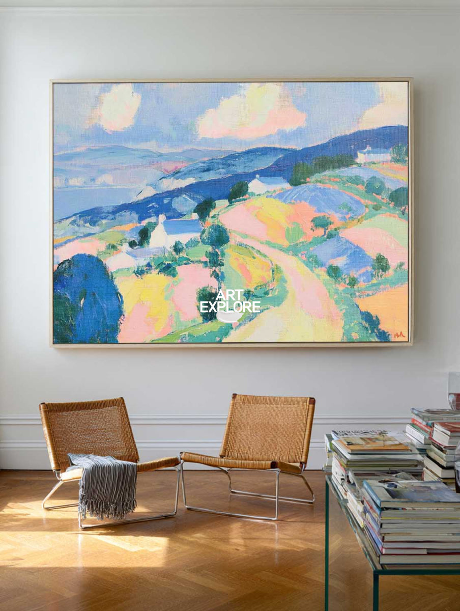Hand-Painted Abstract Hills Landscape Canvas Painting With Blue And Pink Tones