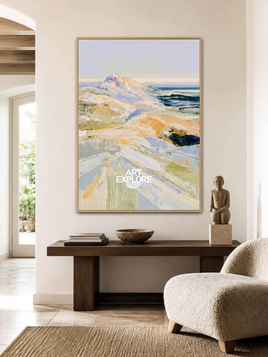 Abstract Mountain Landscape Canvas Painting In Blue And Green Tones