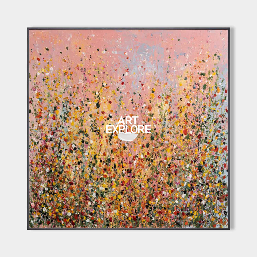 Rose Horizon: Large Square Hand-Painted Pink Floral Abstract Art For Livingroom | ArtExplore