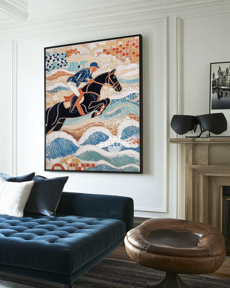 Royal Horse Artwork | Large Blue Textured Oil Painting for Wall Decor ArtExplore