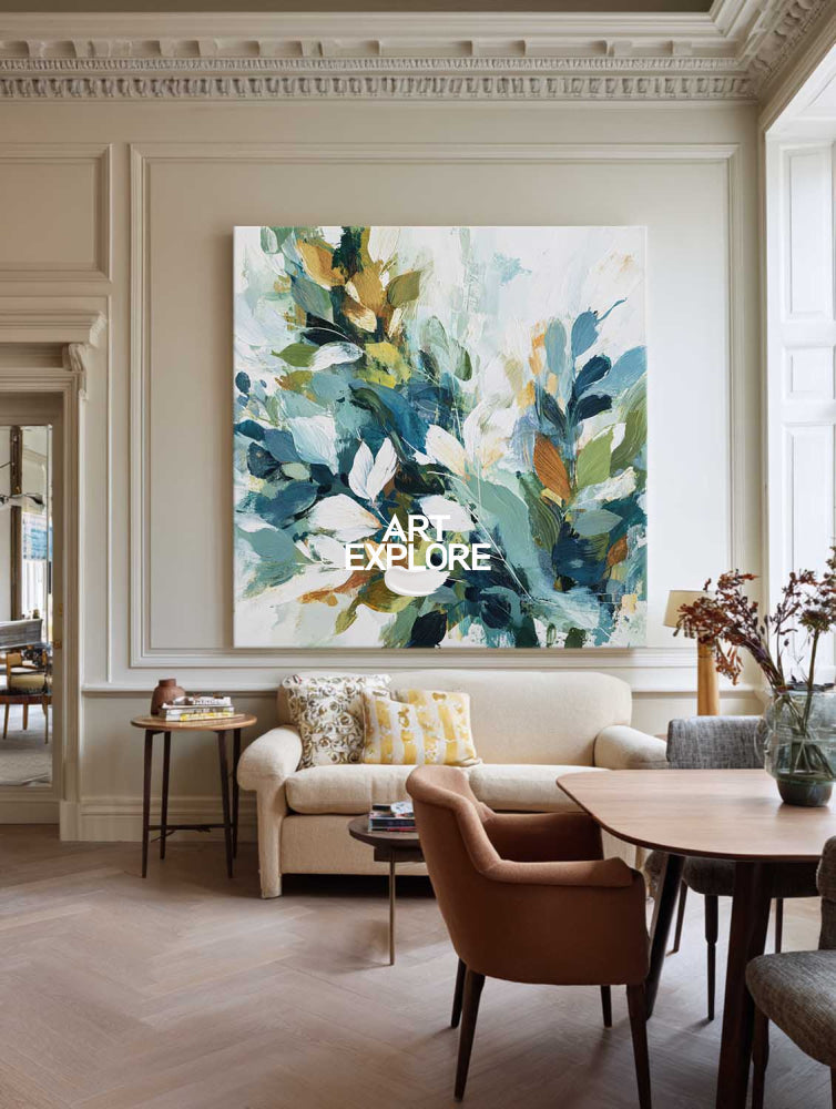 Contemporary Sage & Teal Leaf Painting Large Vertical Wall Decor