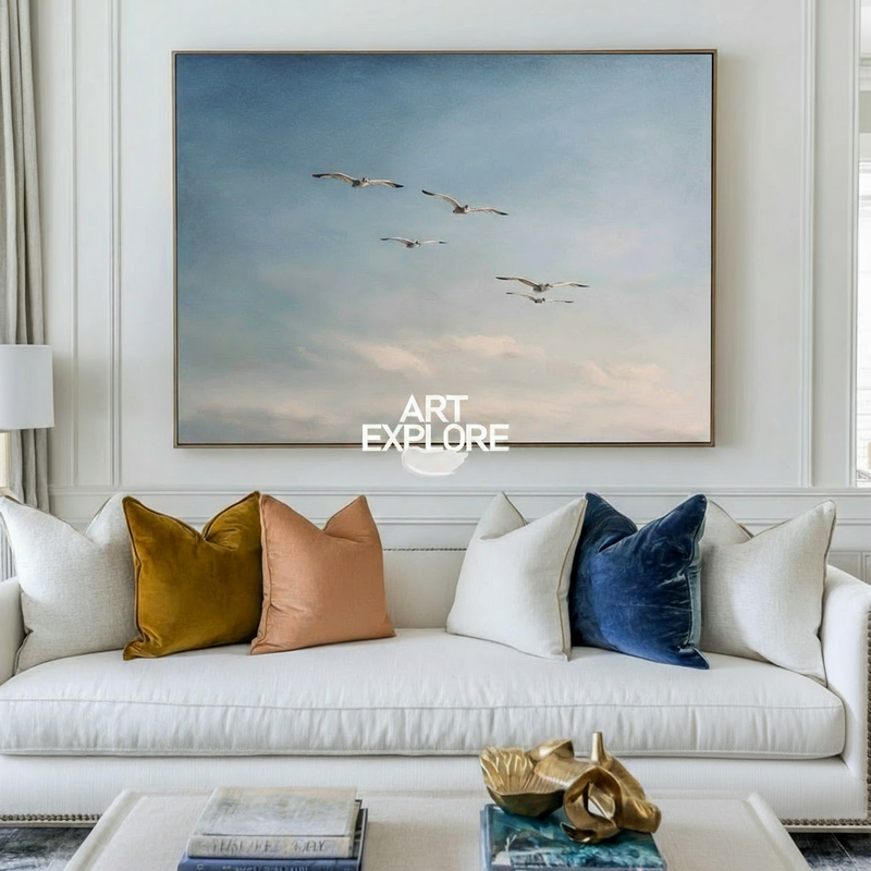 Seagulls in Sky Oil Painting | Coastal Wall Decor for Living Room | ArtExplore