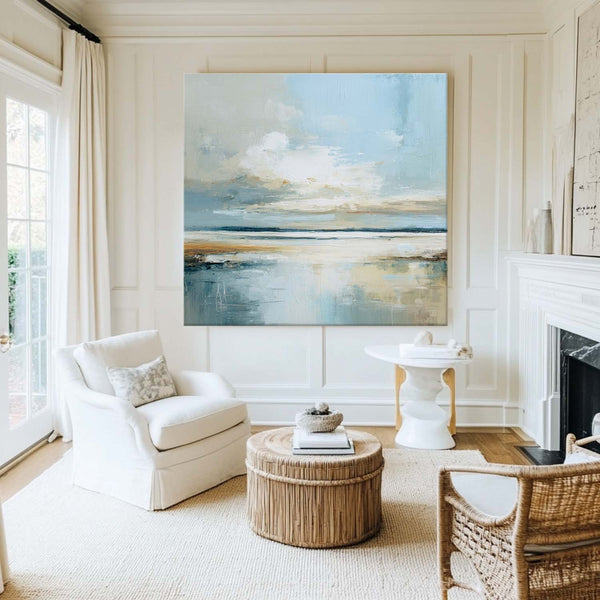 Serene Blue Horizon Handmade Painting – Large Modern Art for Dining Room, Hallway, or Bathroom Wall Decor