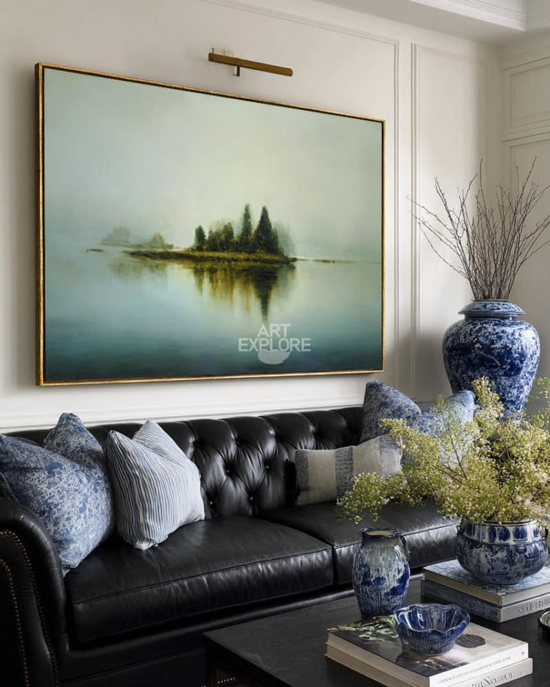 Serene Blue Lake View Art | Large Modern Horizontal Painting For Livingroom ArtExplore