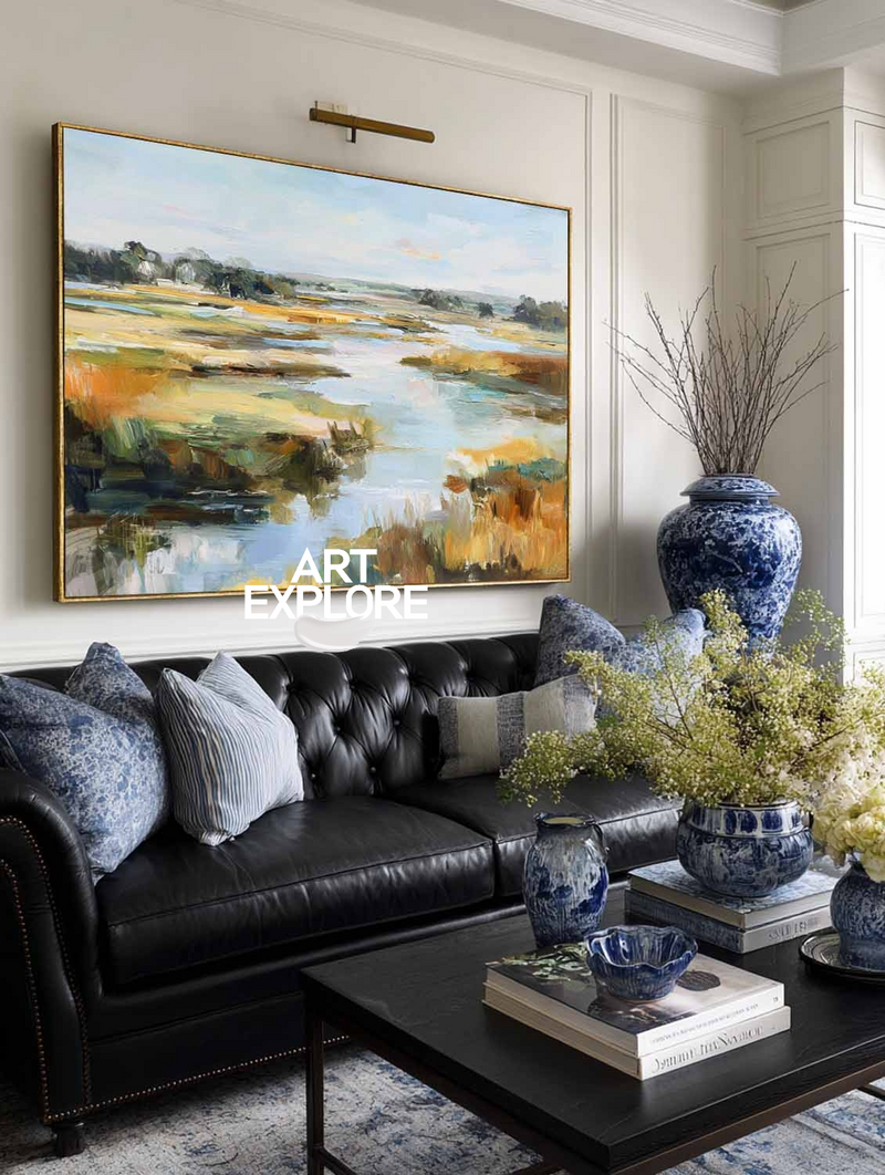 Serene Blue Water Landscape Oil Painting, Large Wall Art for Home – ArtExplore