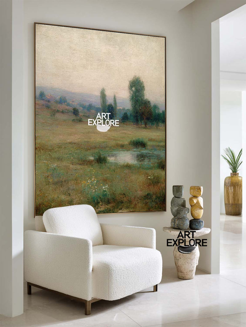 Serene Green Forest Field Painting – Handmade Vertical Canvas | ArtExplore