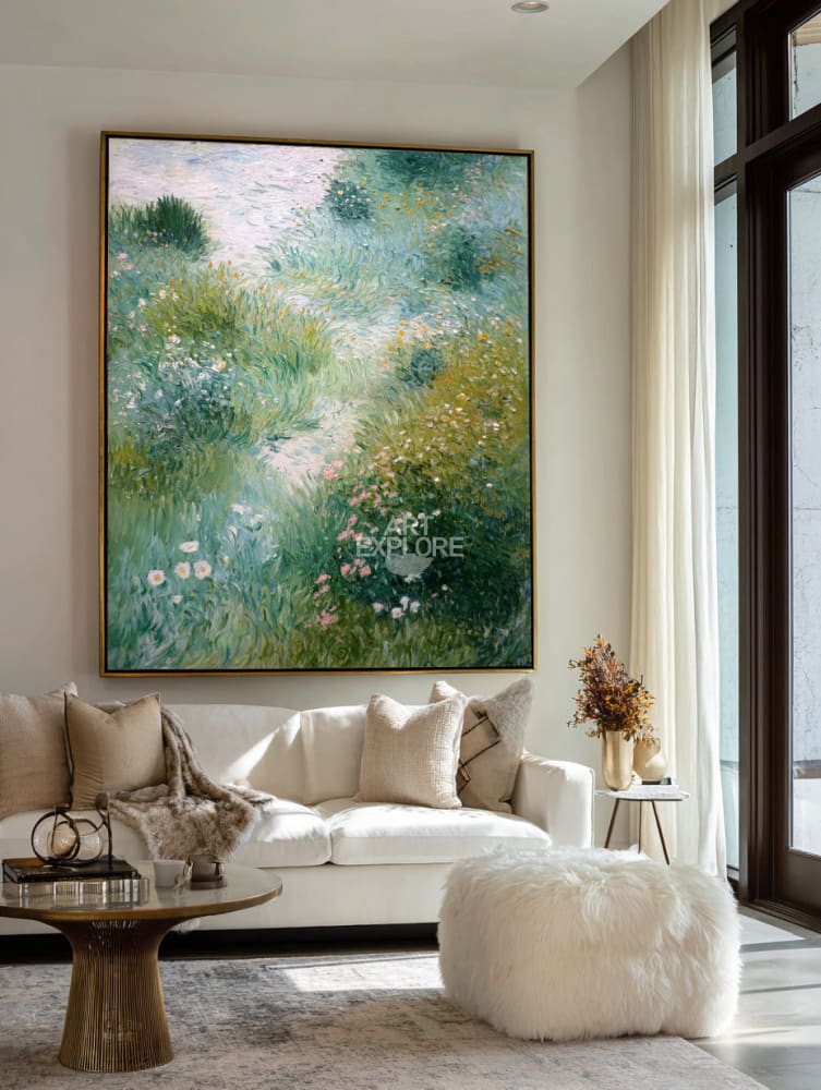 Serene Green Garden Oil Painting | Large Vertical Wall Decor | ArtExplore