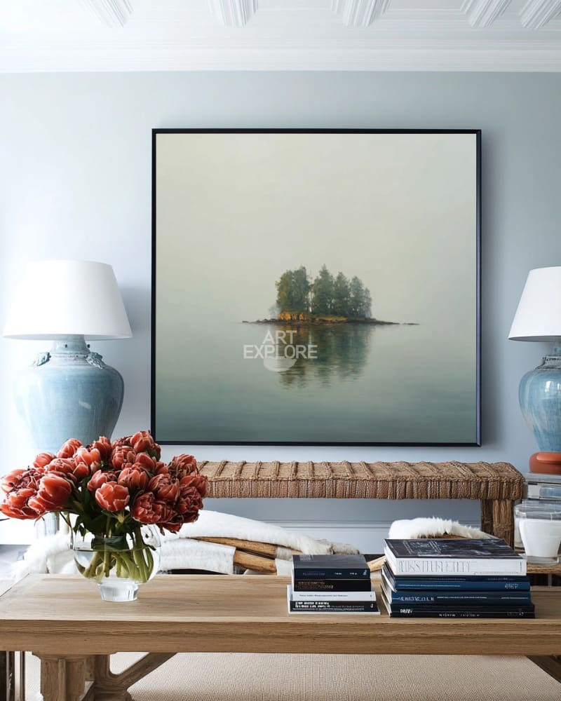 Serene Green Lake Reflection Artwork | Large Minimalist Landscape Canvas ArtExplore
