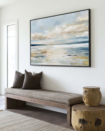 Serene Misty Lake – Large Blue Beige Abstract Oil Painting for Minimalist Decor by ArtExplore