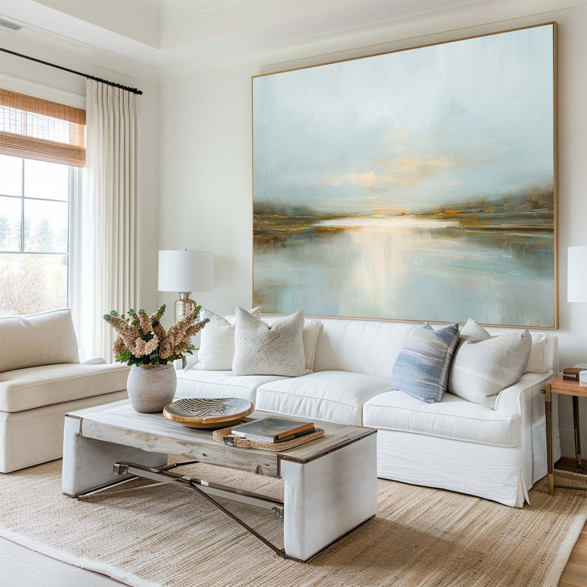 Serene Sunrise Lake Oil Painting – Tranquil Blue Wall Art for Minimalist Home Decor | Artexplore