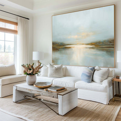 Serene Sunrise Lake Oil Painting – Tranquil Blue Wall Art for Minimalist Home Decor | Artexplore