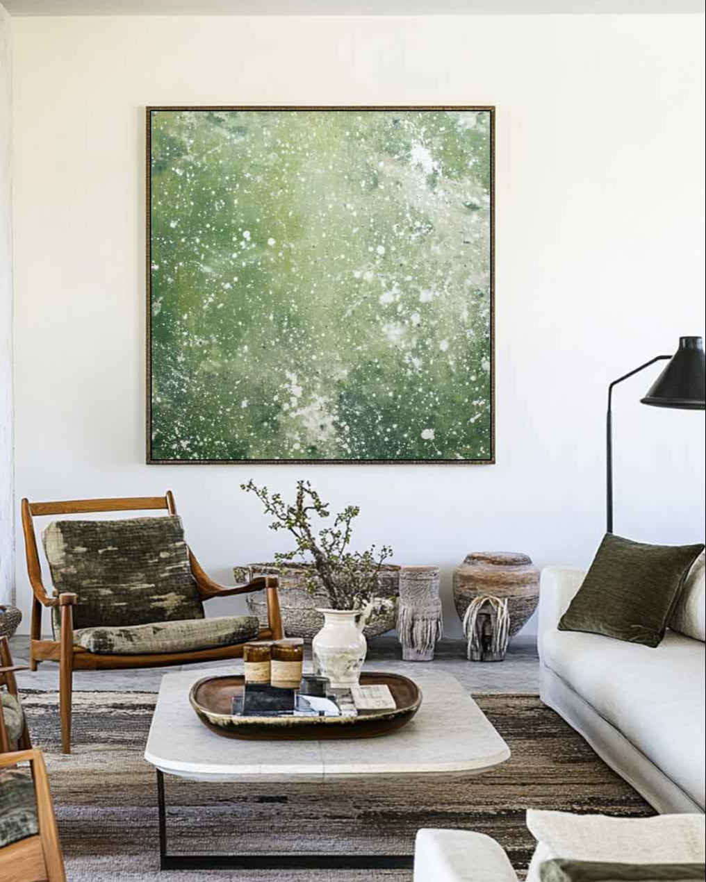 Serene Wabi-Sabi Green Wall Art for Bedroom or Hallway – Handmade Canvas | ArtExplore