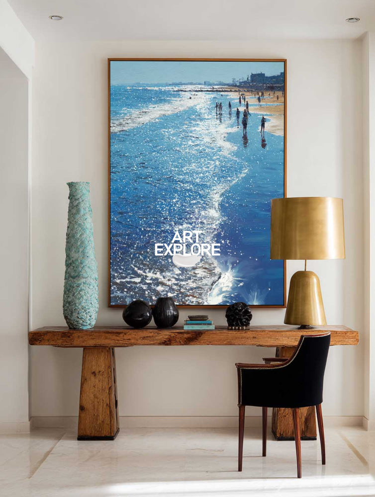 Shimmering Ocean Wave Painting Hand-Drawn Large Seascape