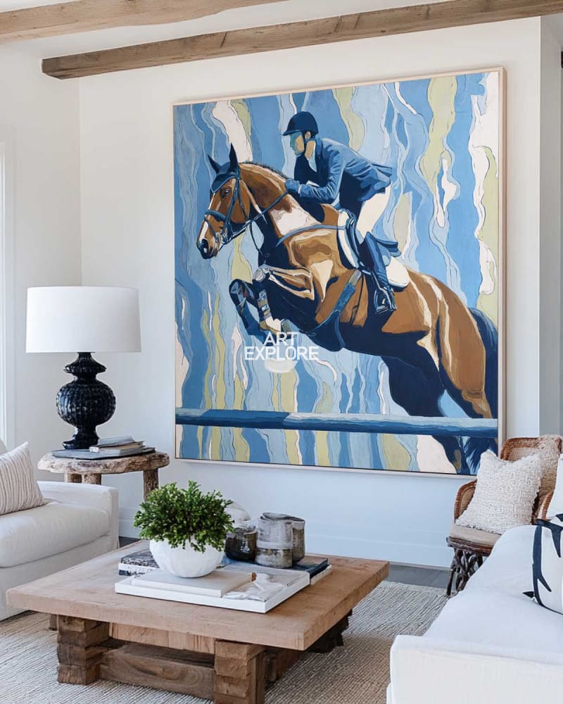 Show Jumping Horse Painting | Blue Texture Equestrian Wall Art Handmade ArtExplore