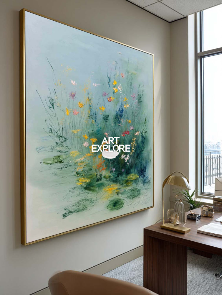 Soft Blues Bloom Flowers Abstract Wall Art Textured Blue Landscape Painting with Yellow Flowers 