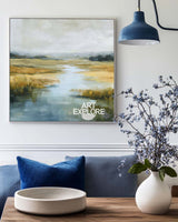 Soft Color Blue River Landscape Art Large Square Textured Handmade Oil | ArtExplore