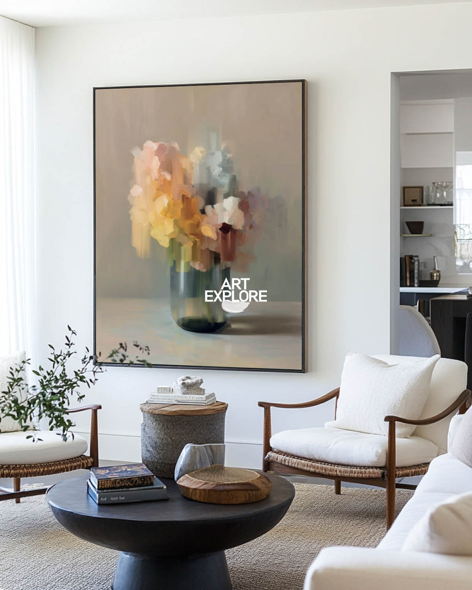 Abstract Floral Painting In Brown Tones For Modern Living Room Decor