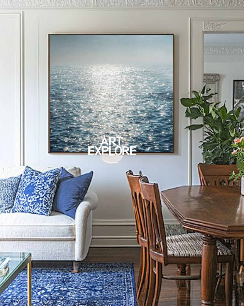 Soothing Blue Sea Oil Canvas Painting for Hotel or Office - ArtExplore