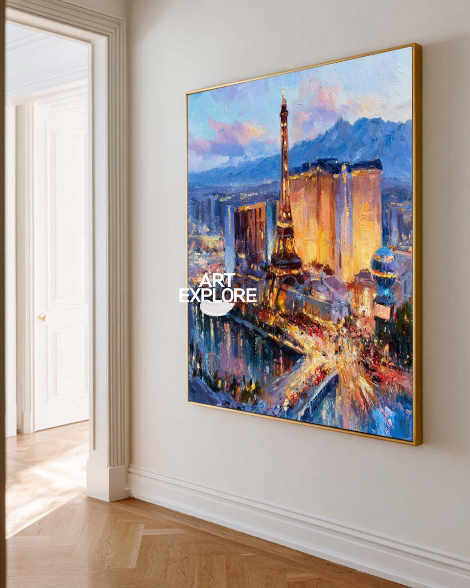 Hand-Painted Paris Cityscape Canvas Art With Eiffel Tower In Blue And Gold