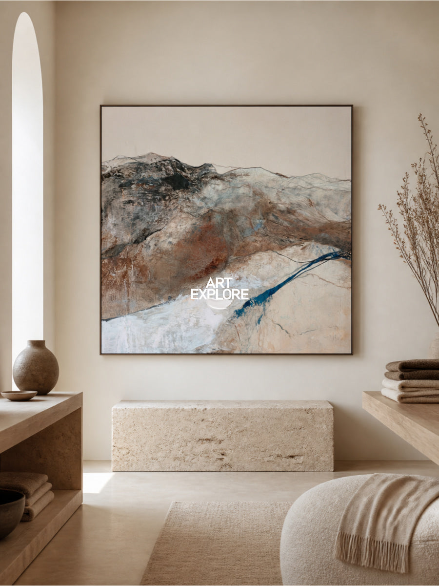Contemporary Abstract Expressionist Canvas Art In Warm Brown And Cool Blue Palette