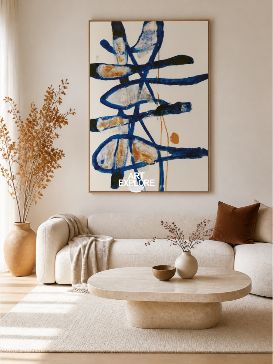 Modern Blue Wall Art For Living Room Minimalist Abstract Canvas Painting Original