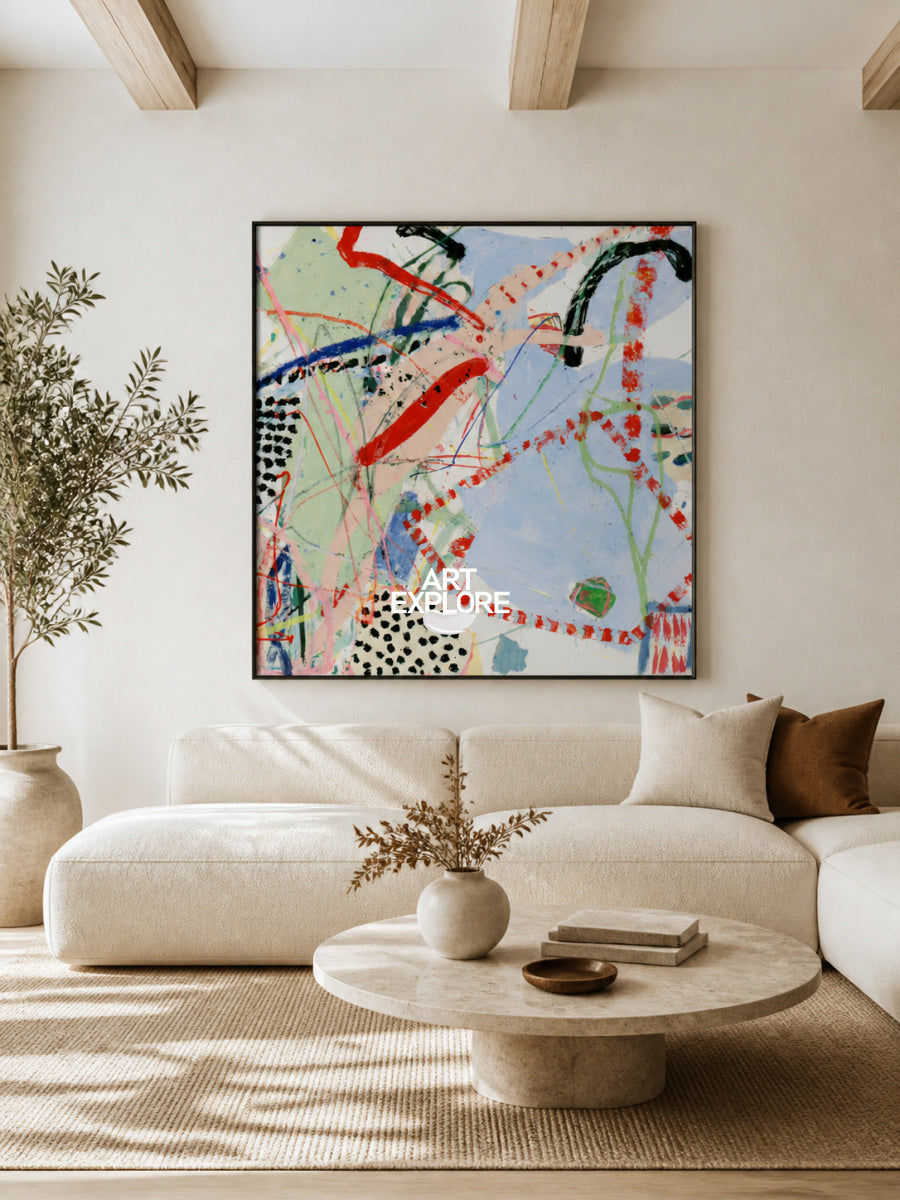Colorful Abstract Canvas Painting With Red And Blue Lines For Modern Wall Art