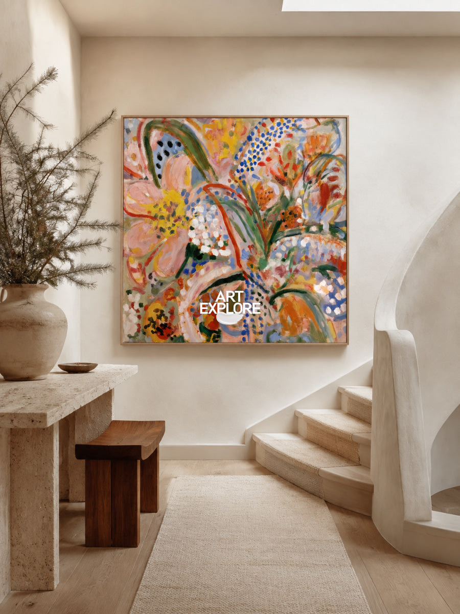 Abstract Floral Canvas Painting With Pink Blue Yellow Hand-Painted Wall Art