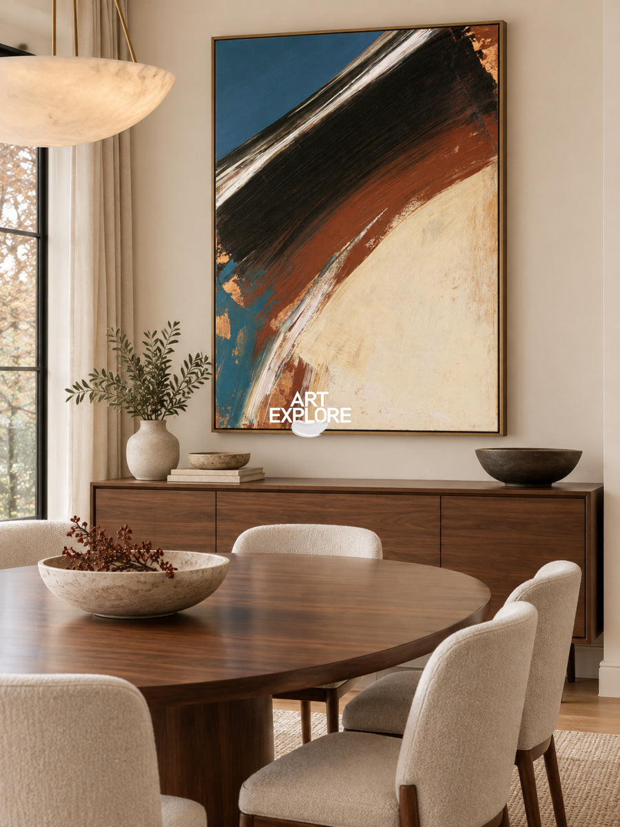 Abstract Blue And Beige Canvas Painting With Earthy Brown Tones