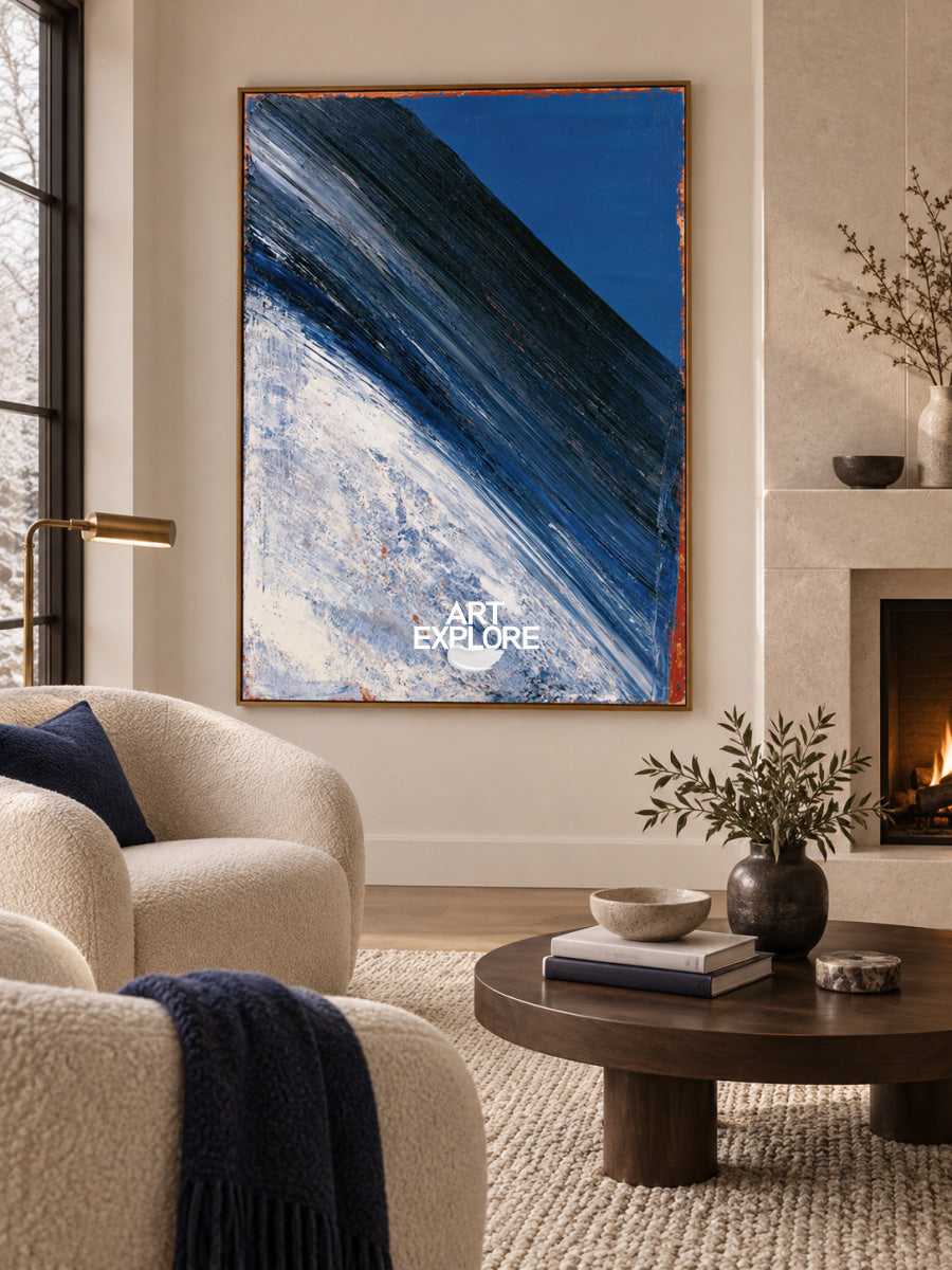 Blue And White Abstract Canvas Painting With Dynamic Diagonal Lines