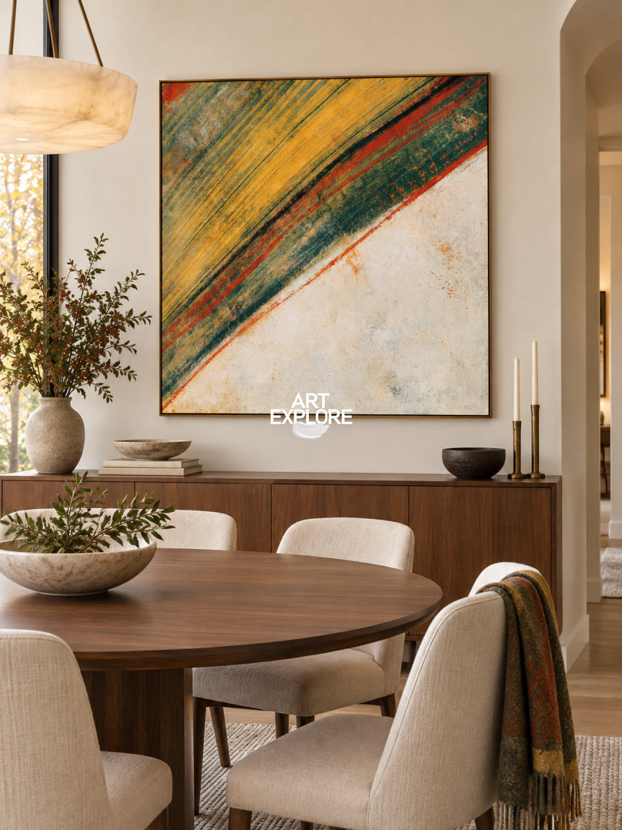 Abstract Yellow Green Canvas Painting With Red Lines For Modern Wall Art