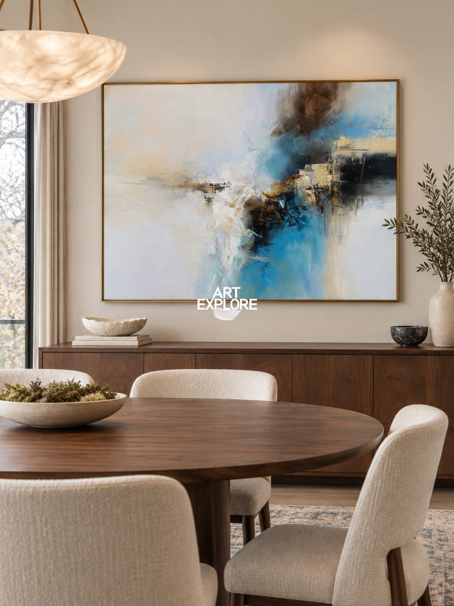 Abstract Blue And White Canvas Painting With Brown Accents For Modern Decor