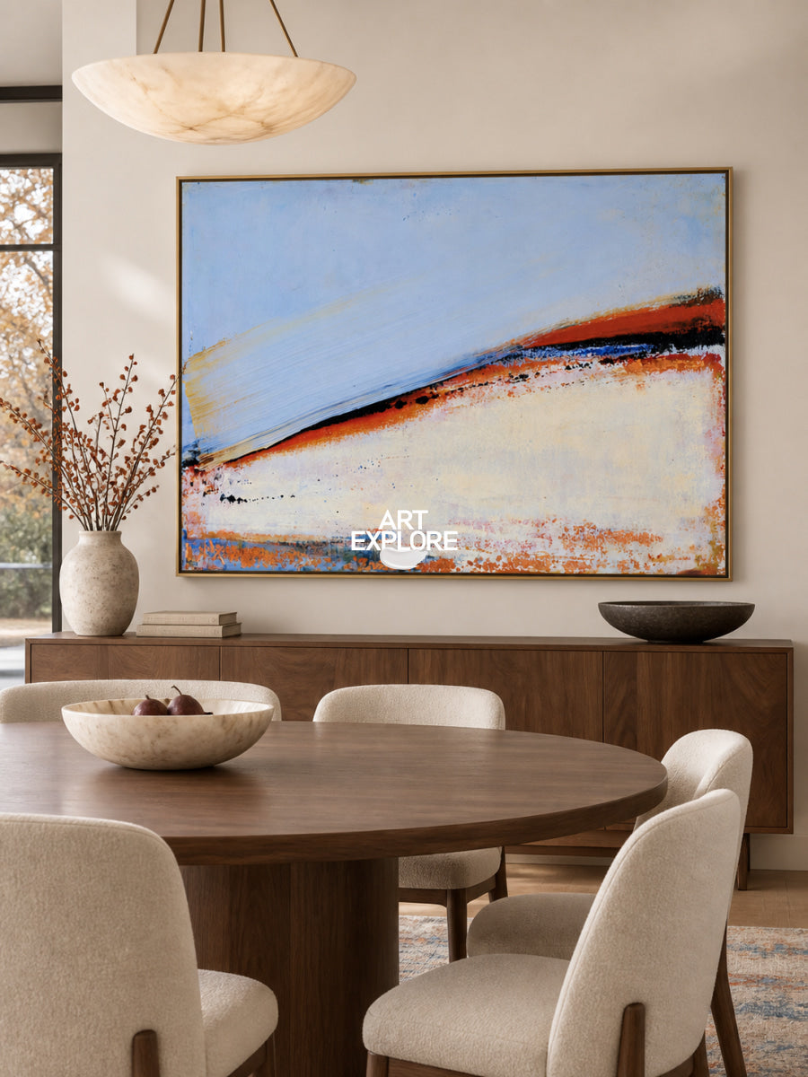 Contemporary Abstract Painting With Textured Blue Red Tones