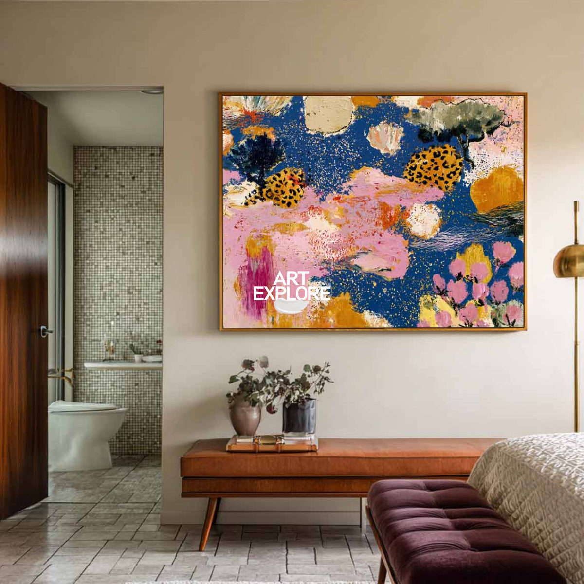 Colorful Abstract Floral Canvas Painting With Pink And Blue Tones For Modern Home Decor