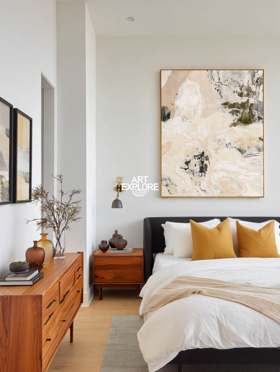 Abstract Beige Canvas Painting With White And Black Tones For Modern Wall Art
