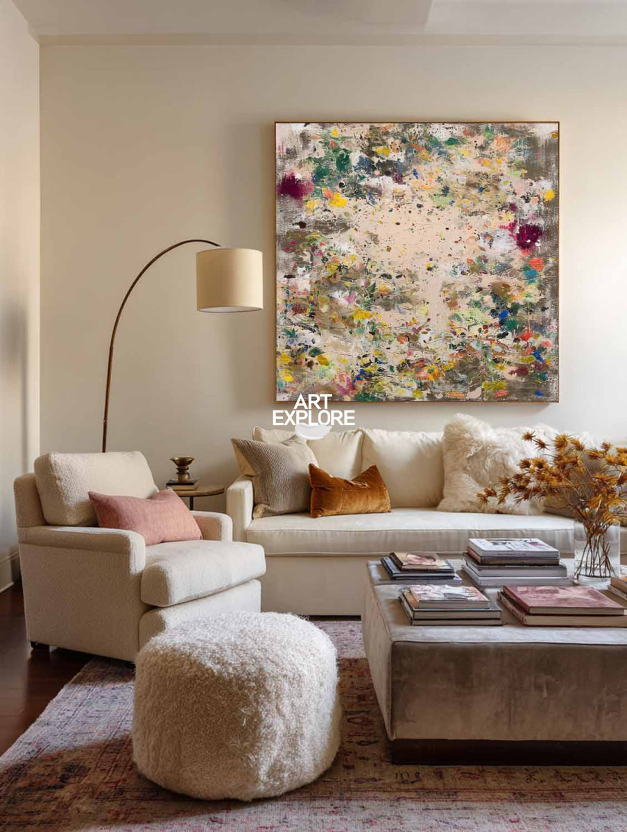 Abstract Beige And Brown Canvas Painting With Colorful Splashes