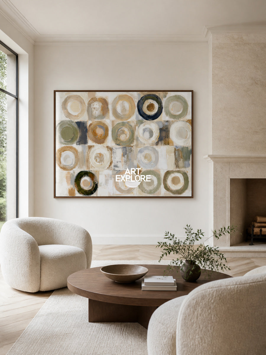 Warm Geometric Abstract Canvas Painting With Earthy Circles For Modern Decor