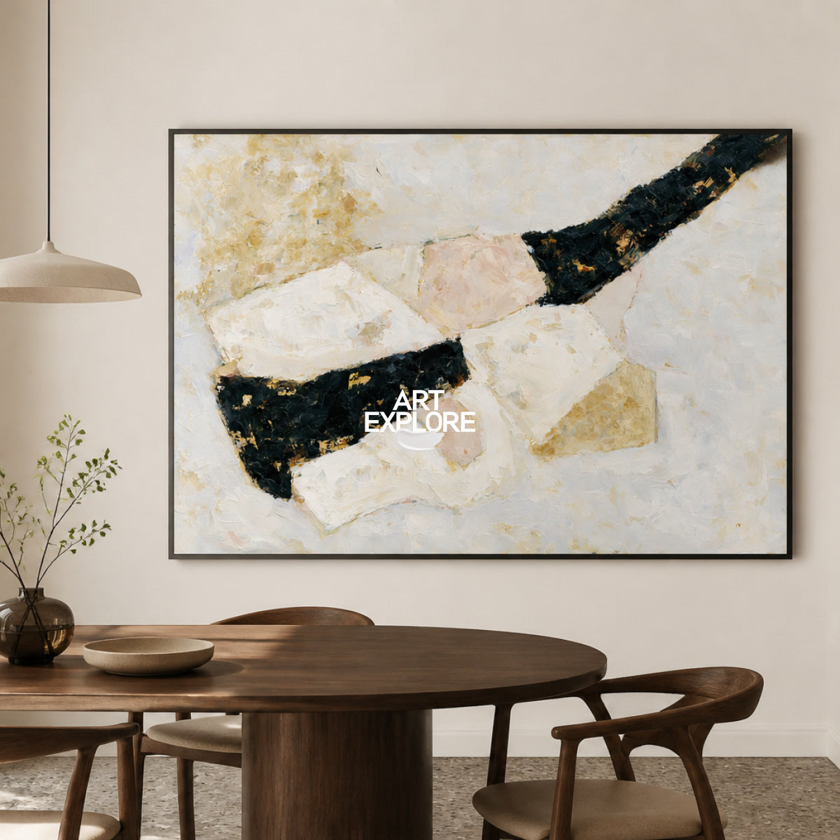 Abstract Geometric Canvas Painting In Black White And Beige