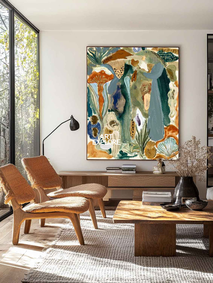 Abstract Botanical Canvas Painting In Green And Blue Hand-Painted Wall Art