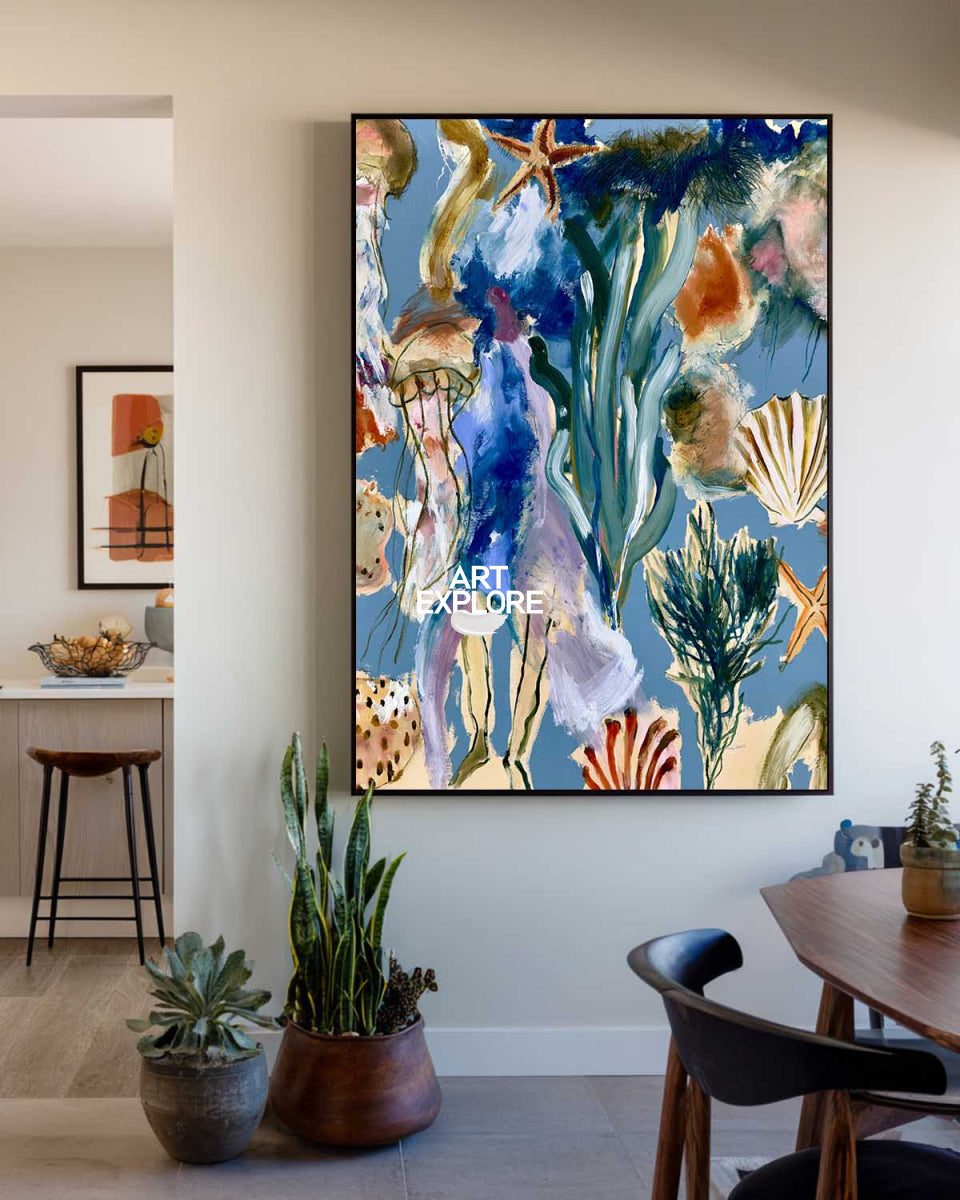 Abstract Seascape Canvas Painting With Starfish And Shells In Blue Green Tones
