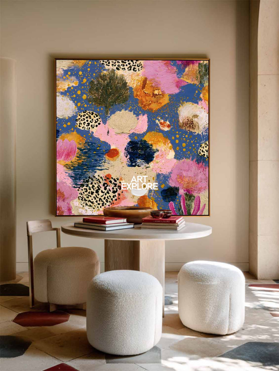 Contemporary Pop Art Style Canvas With Textured Pink And Blue Flowers
